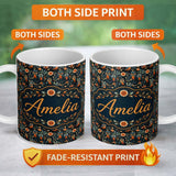 Personalized Custom Name Elegant Owl Birds with Orange Flowers Dark Botanical Seamless 11oz Ceramic Coffee Tea Mug White Large Handle