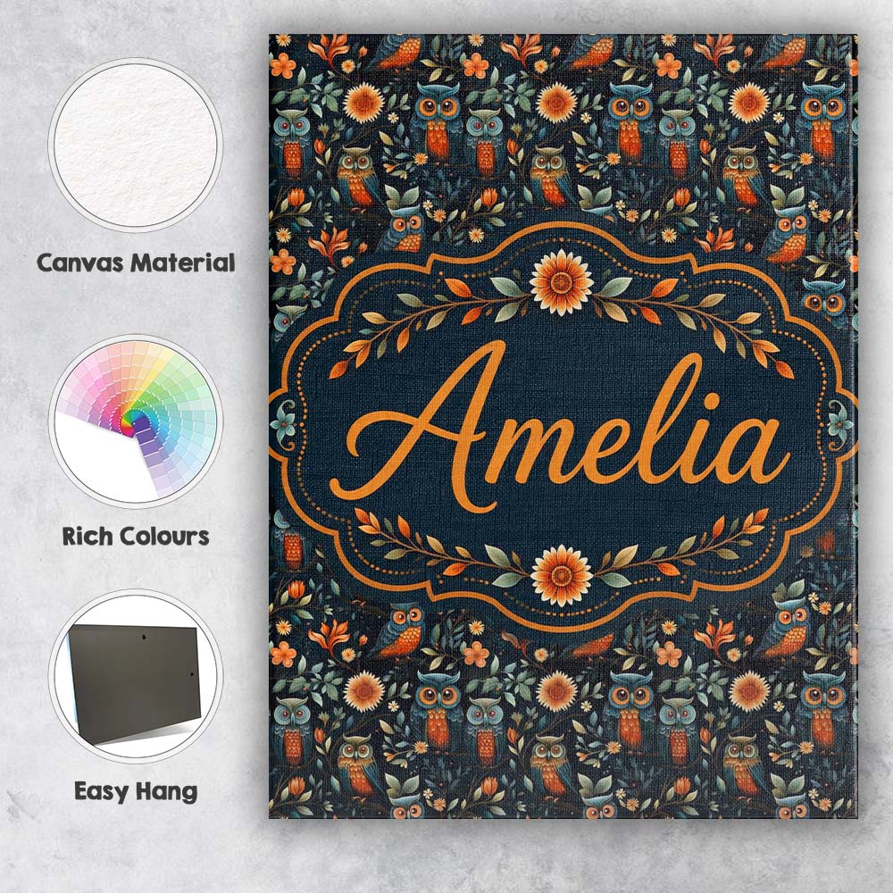 Personalised Name Elegant Owl Birds with Custom  Interior Decorative Contemporary Canvas Wall Art Print Decor Picture Ready to Hang