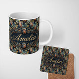 Personalized Custom Name Realistic Owl Birds Sitting on Branches with Leaves Seamless 11oz Ceramic Coffee Tea Mug White Large Handle