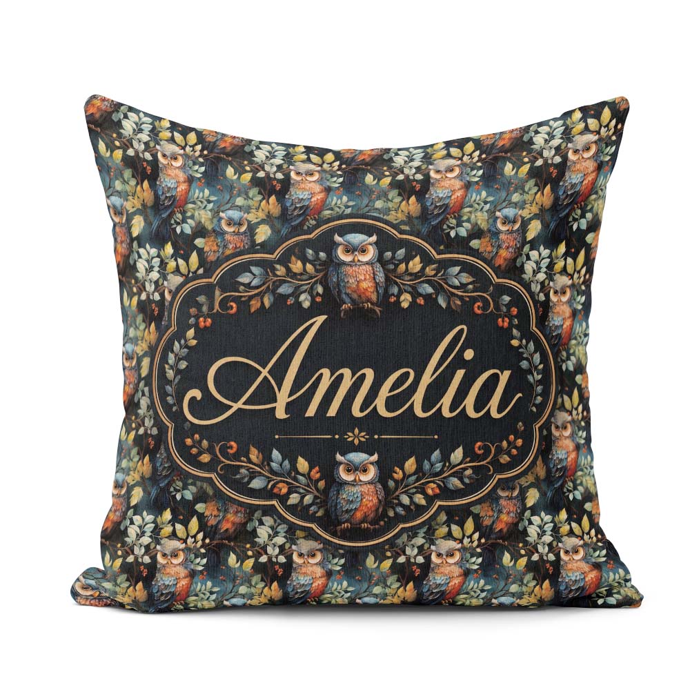 Custom Name Realistic Owl Birds on Branches with Leaves Seamless Square Filled Cushion Throw Pillow Sofa Bed Home Decor Zip Washable UK Made