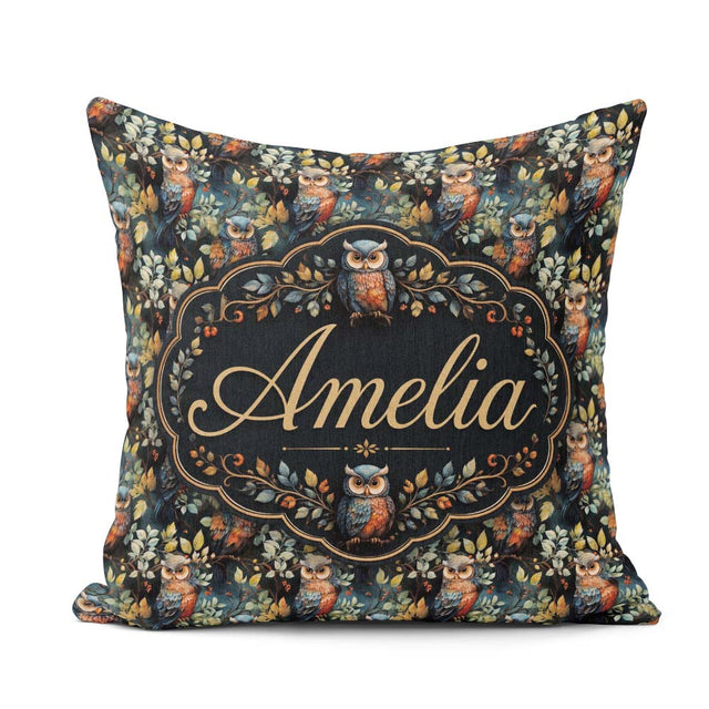 Custom Name Realistic Owl Birds on Branches with Leaves Seamless Square Filled Cushion Throw Pillow Sofa Bed Home Decor Zip Washable UK Made