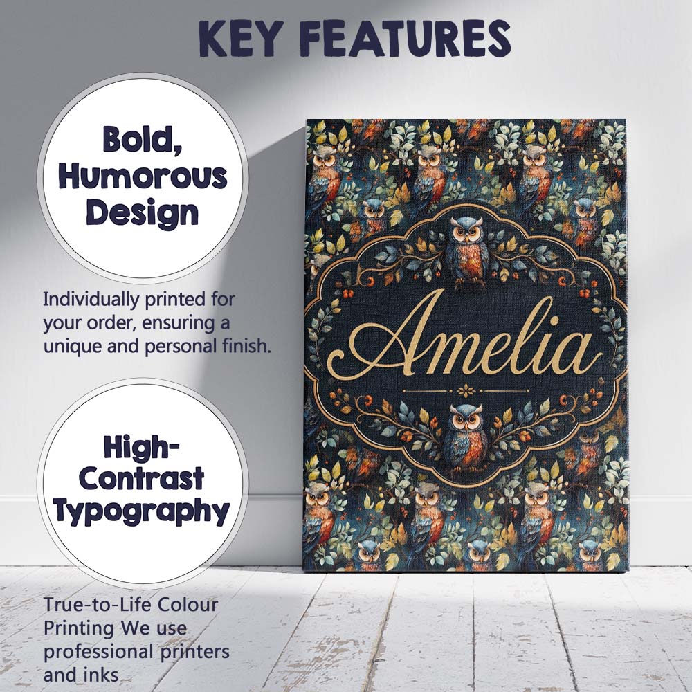 Personalised Name Realistic Owl Birds Custom Modern Room Accent Creative Decorator Style Canvas Wall Art Print Decor Picture Ready to Hang