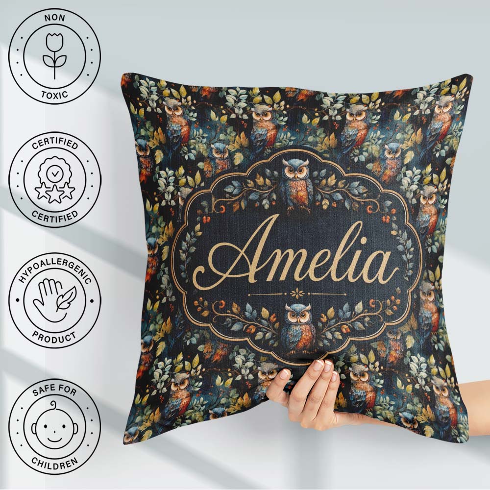 Custom Name Realistic Owl Birds on Branches with Leaves Seamless Square Filled Cushion Throw Pillow Sofa Bed Home Decor Zip Washable UK Made