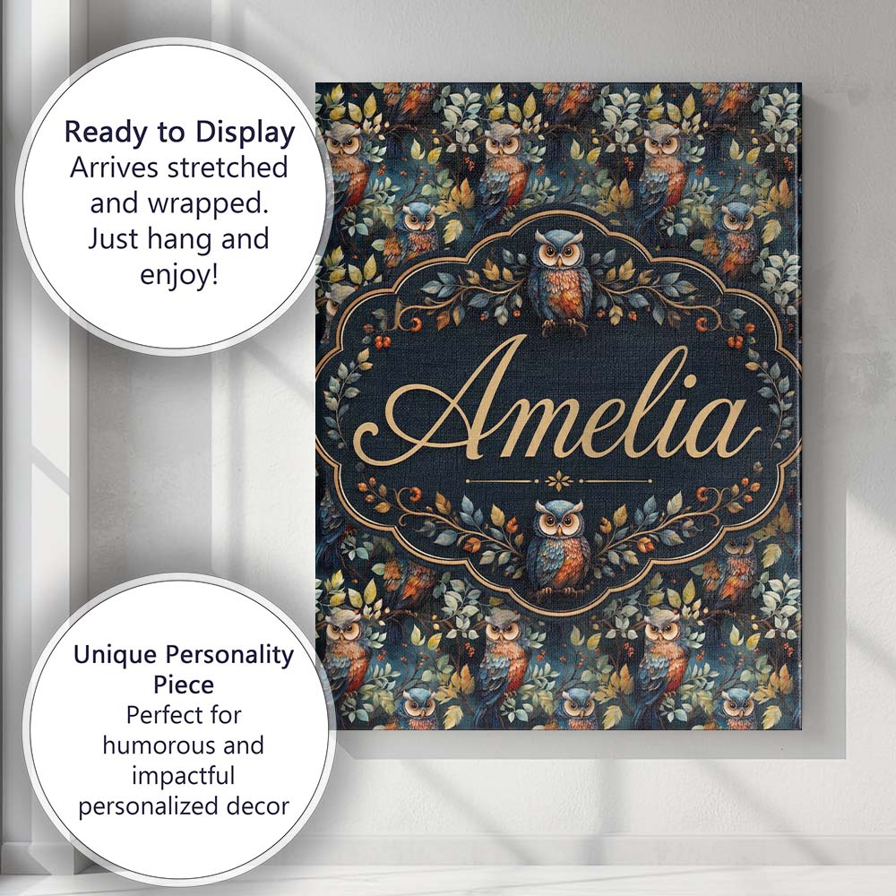 Personalised Name Realistic Owl Birds Custom Modern Room Accent Creative Decorator Style Canvas Wall Art Print Decor Picture Ready to Hang