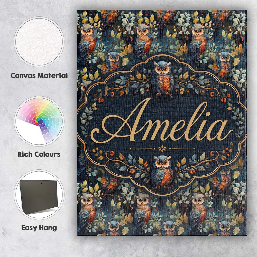 Personalised Name Realistic Owl Birds Custom Modern Room Accent Creative Decorator Style Canvas Wall Art Print Decor Picture Ready to Hang