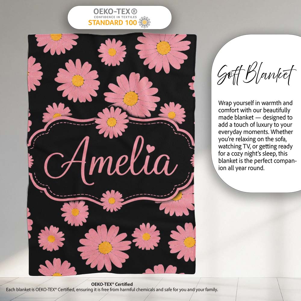 Pink Daisy Floral Seamless Pattern on Light Background Lovely  Personalised Custom Name Super Soft Fleece Blanket Bed Sofa Throw