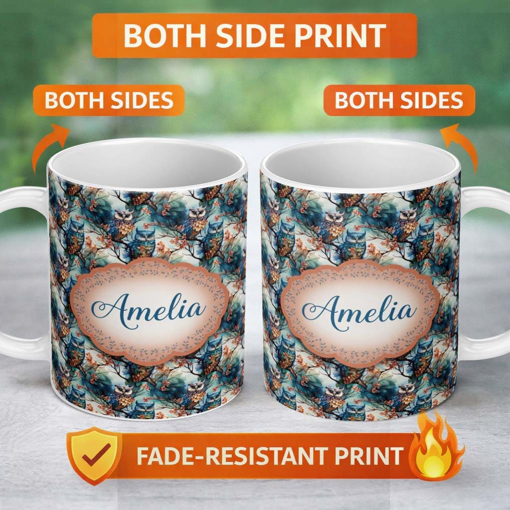 Personalized Custom Name Artistic Owl Bird on Branches with Soft Blue Floral Background 11oz Ceramic Coffee Tea Mug White Large Handle