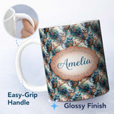 Personalized Custom Name Artistic Owl Bird on Branches with Soft Blue Floral Background 11oz Ceramic Coffee Tea Mug White Large Handle