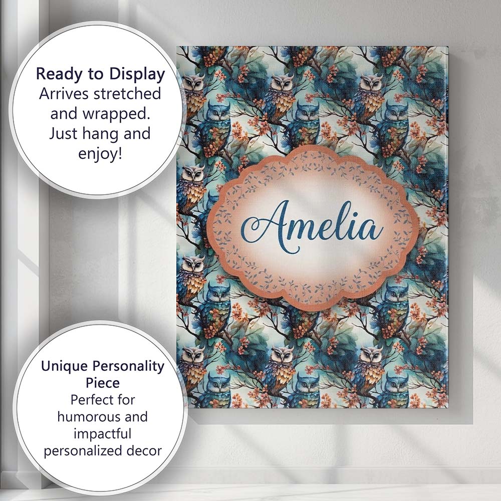 Personalised Name Artistic Owl Bird on Custom  Modern Room Accent Elegant Feature Canvas Wall Art Print Decor Picture Ready to Hang