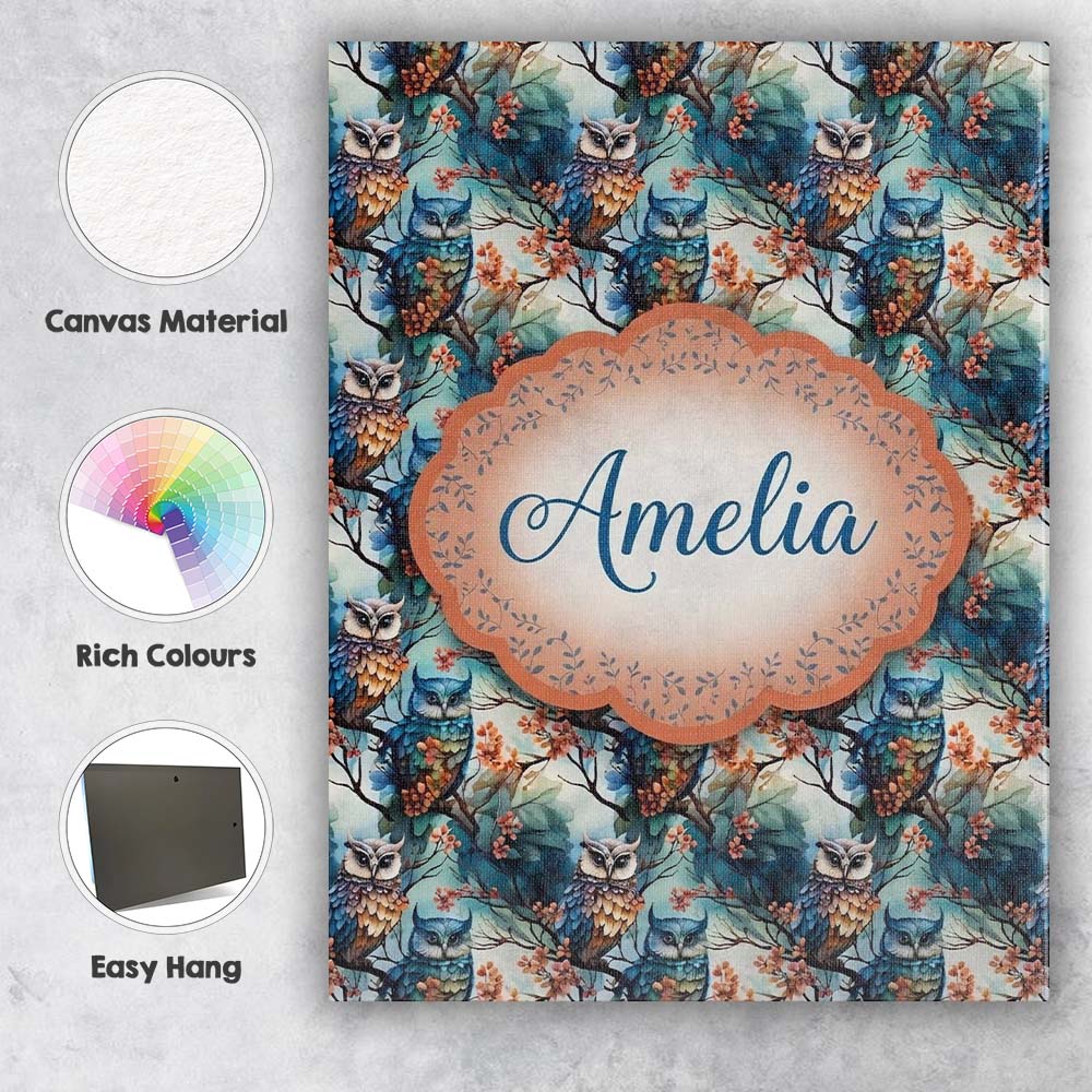 Personalised Name Artistic Owl Bird on Custom  Modern Room Accent Elegant Feature Canvas Wall Art Print Decor Picture Ready to Hang