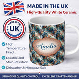 Personalized Custom Name Artistic Owl Bird on Branches with Soft Blue Floral Background 11oz Ceramic Coffee Tea Mug White Large Handle