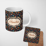 Personalized Custom Name Bright Cute Owl Birds with Colorful Leaves Night Background 11oz Ceramic Coffee Tea Mug White Large Handle