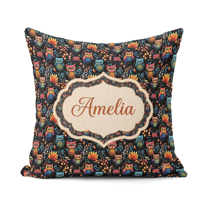 Custom Name Bright Cute Owl Birds with Colorful Night Background Square Filled Cushion Throw Pillow Sofa Bed Home Decor Zip Washable UK Made