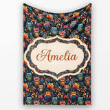 Bright Cute Owl Birds with Colorful Leaves Night Background  Personalised Custom Name Super Soft Fleece Blanket Bed Sofa Throw