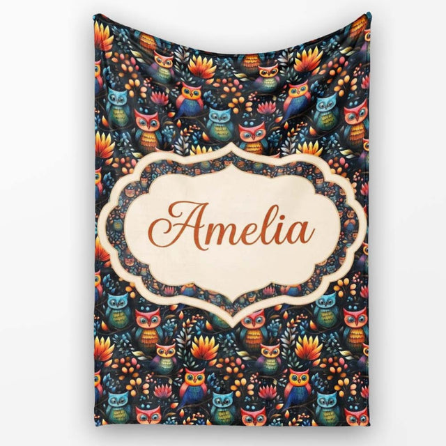 Bright Cute Owl Birds with Colorful Leaves Night Background  Personalised Custom Name Super Soft Fleece Blanket Bed Sofa Throw