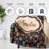 Bright Cute Owl Birds with Colorful Leaves Night Background  Personalised Custom Name Super Soft Fleece Blanket Bed Sofa Throw