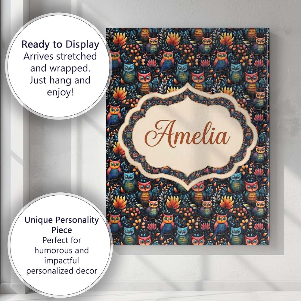 Personalised Name Bright Cute Owl Birds Custom  Modern Room Accent Elegant Feature Canvas Wall Art Print Decor Picture Ready to Hang