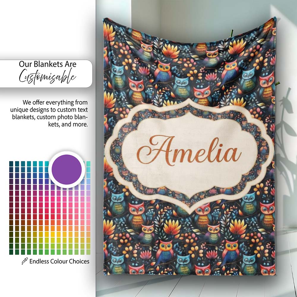Bright Cute Owl Birds with Colorful Leaves Night Background  Personalised Custom Name Super Soft Fleece Blanket Bed Sofa Throw