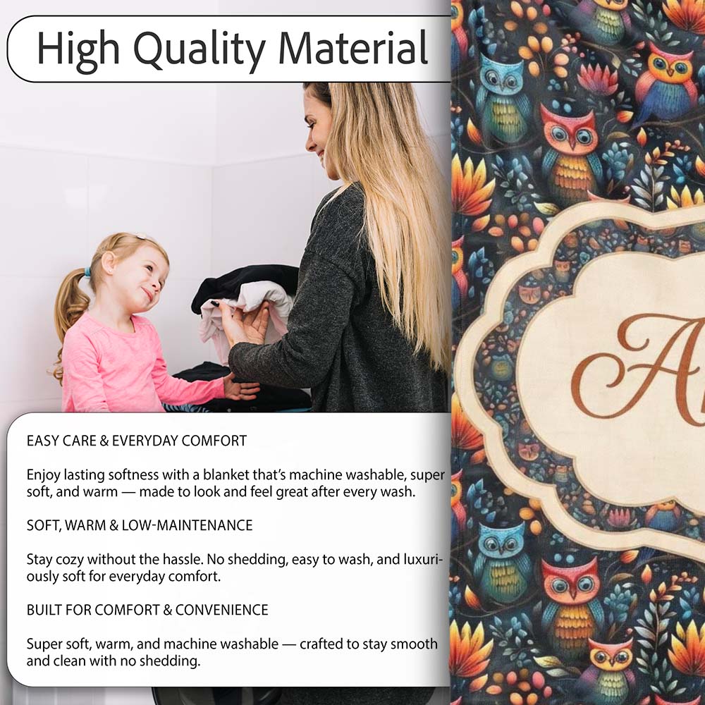 Bright Cute Owl Birds with Colorful Leaves Night Background  Personalised Custom Name Super Soft Fleece Blanket Bed Sofa Throw