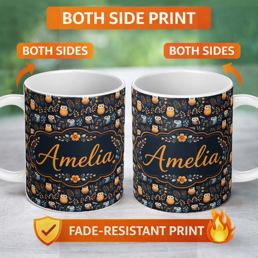 Personalized Custom Name Minimal Cute Owl Birds with Botanical Elements Dark Background 11oz Ceramic Coffee Tea Mug White Large Handle