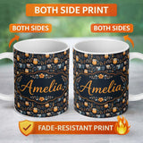 Personalized Custom Name Minimal Cute Owl Birds with Botanical Elements Dark Background 11oz Ceramic Coffee Tea Mug White Large Handle