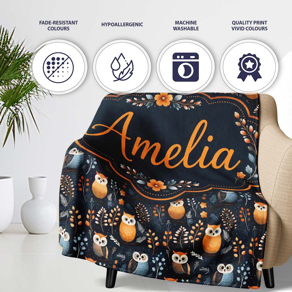 Minimal Cute Owl Birds with Botanical Elements Dark Background  Personalised Custom Name Super Soft Fleece Blanket Bed Sofa Throw