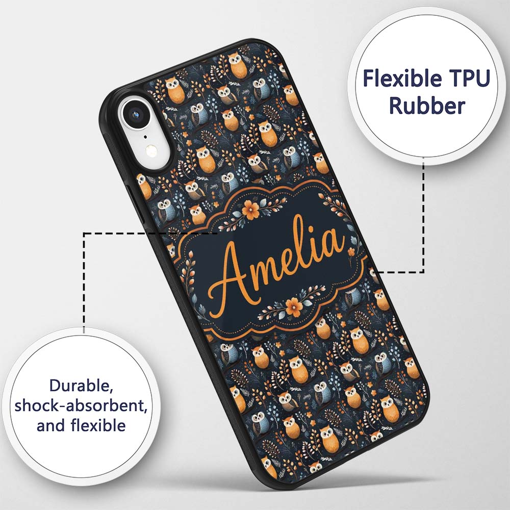 Minimal Cute Owl Birds with Botanical Elements Custom Name Protective Phone Case Mobile Cover Durable Everyday Smartphone Shock Resistant