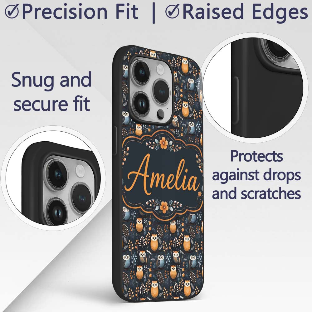 Minimal Cute Owl Birds with Botanical Elements Custom Name Protective Phone Case Mobile Cover Durable Everyday Smartphone Shock Resistant