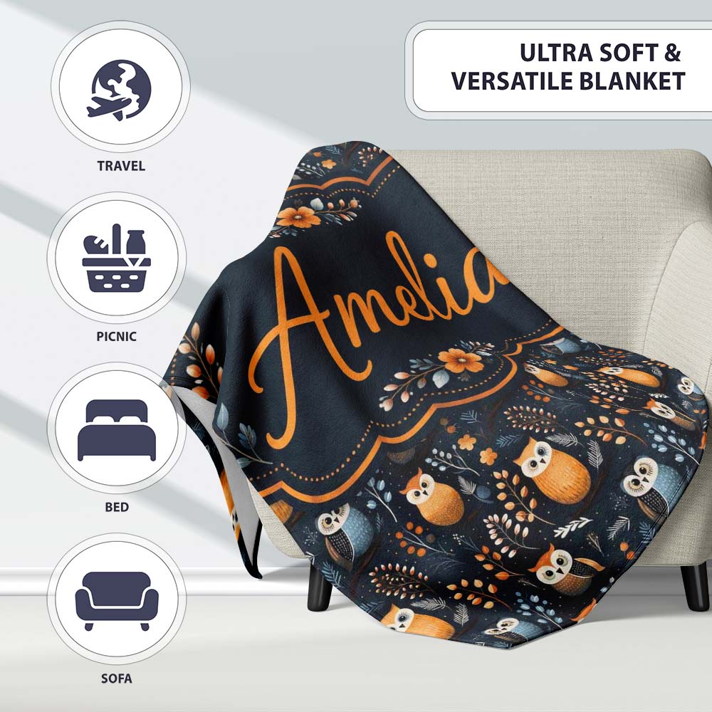 Minimal Cute Owl Birds with Botanical Elements Dark Background  Personalised Custom Name Super Soft Fleece Blanket Bed Sofa Throw