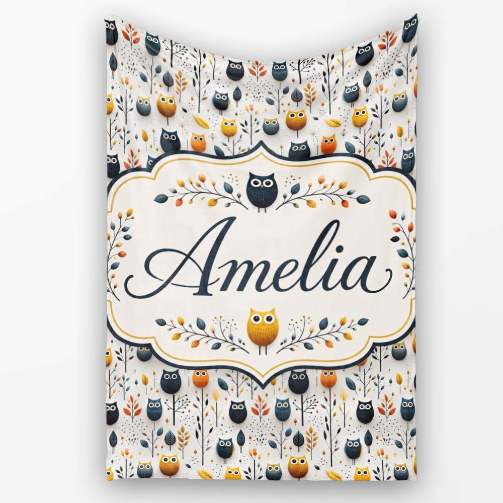 Simple Cute Owl Birds with Autumn Leaves Light Background Seamless  Personalised Custom Name Super Soft Fleece Blanket Bed Sofa Throw