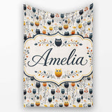 Simple Cute Owl Birds with Autumn Leaves Light Background Seamless  Personalised Custom Name Super Soft Fleece Blanket Bed Sofa Throw