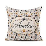 Custom Name Simple Owl Birds with Autumn Leaves Light Background Square Filled Cushion Throw Pillow Sofa Bed Home Decor Zip Washable UK Made