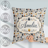Custom Name Simple Owl Birds with Autumn Leaves Light Background Square Filled Cushion Throw Pillow Sofa Bed Home Decor Zip Washable UK Made