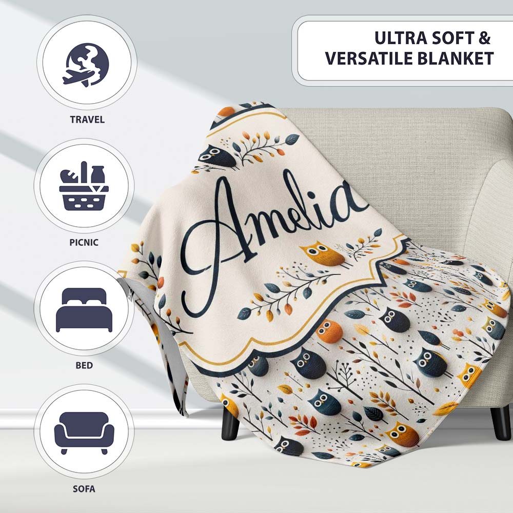 Simple Cute Owl Birds with Autumn Leaves Light Background Seamless  Personalised Custom Name Super Soft Fleece Blanket Bed Sofa Throw