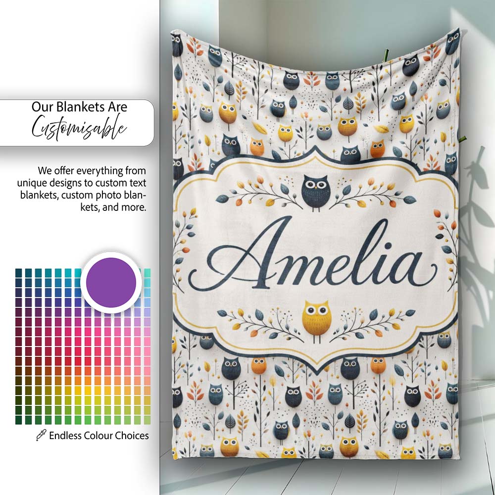 Simple Cute Owl Birds with Autumn Leaves Light Background Seamless  Personalised Custom Name Super Soft Fleece Blanket Bed Sofa Throw