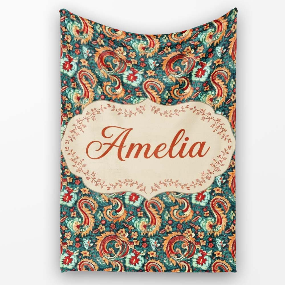 Vintage Paisley Floral Pattern with Teal Background Seamless Name  Personalised Custom Name Super Soft Fleece Blanket Bed Sofa Throw