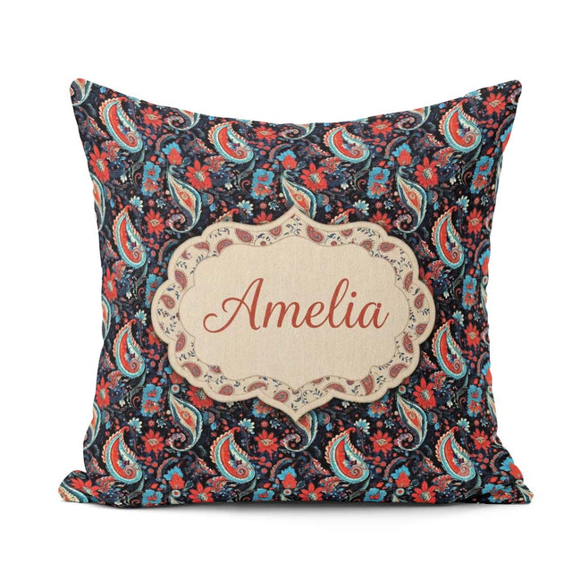 Custom Name Bold Paisley with Dark Blue Background Seamless Name Square Filled Cushion Throw Pillow Sofa Bed Home Decor Zip Washable UK Made
