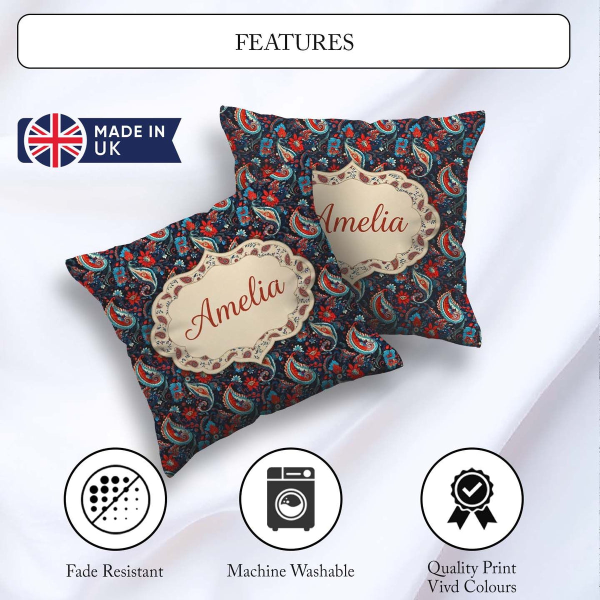 Custom Name Bold Paisley with Dark Blue Background Seamless Name Square Filled Cushion Throw Pillow Sofa Bed Home Decor Zip Washable UK Made