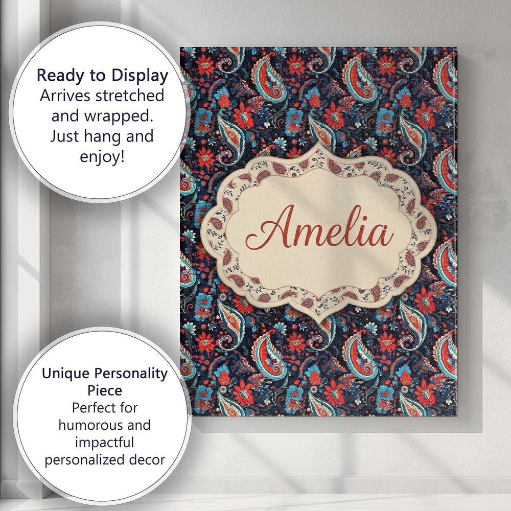 Personalised Name Bold Paisley Floral Custom Modern Room Accent Creative Decorator Style Canvas Wall Art Print Decor Picture Ready to Hang