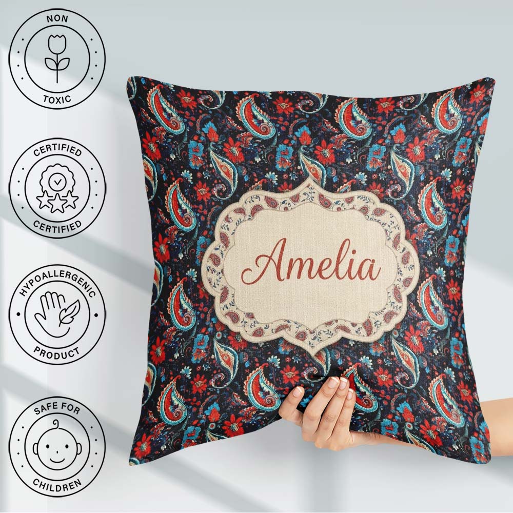 Custom Name Bold Paisley with Dark Blue Background Seamless Name Square Filled Cushion Throw Pillow Sofa Bed Home Decor Zip Washable UK Made