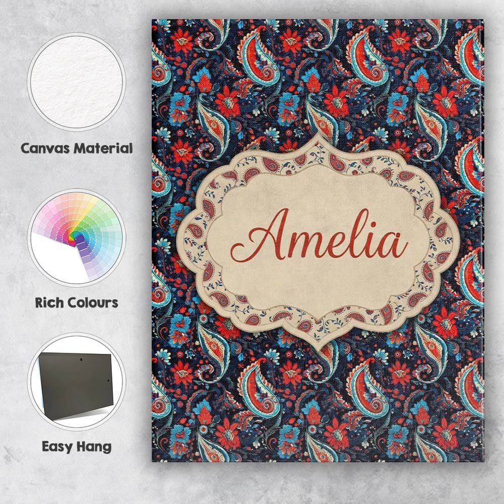 Personalised Name Bold Paisley Floral Custom Modern Room Accent Creative Decorator Style Canvas Wall Art Print Decor Picture Ready to Hang