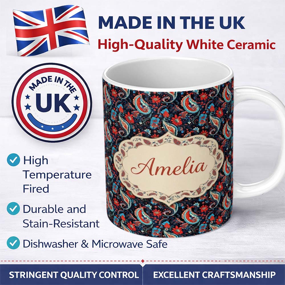 Personalized Custom Name Bold Paisley Floral Pattern with Dark Blue Background Seamless Name 11oz Ceramic Coffee Tea Mug White Large Handle