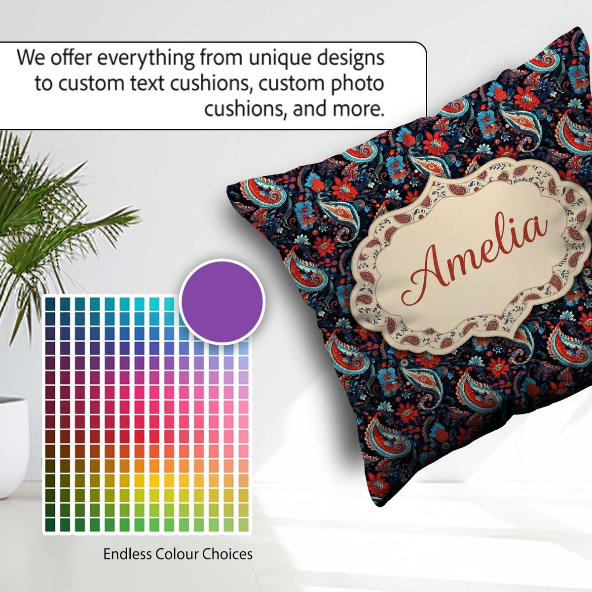 Custom Name Bold Paisley with Dark Blue Background Seamless Name Square Filled Cushion Throw Pillow Sofa Bed Home Decor Zip Washable UK Made