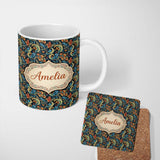 Personalized Custom Name Ornate Paisley Floral Pattern with Navy Background Seamless Name 11oz Ceramic Coffee Tea Mug White Large Handle