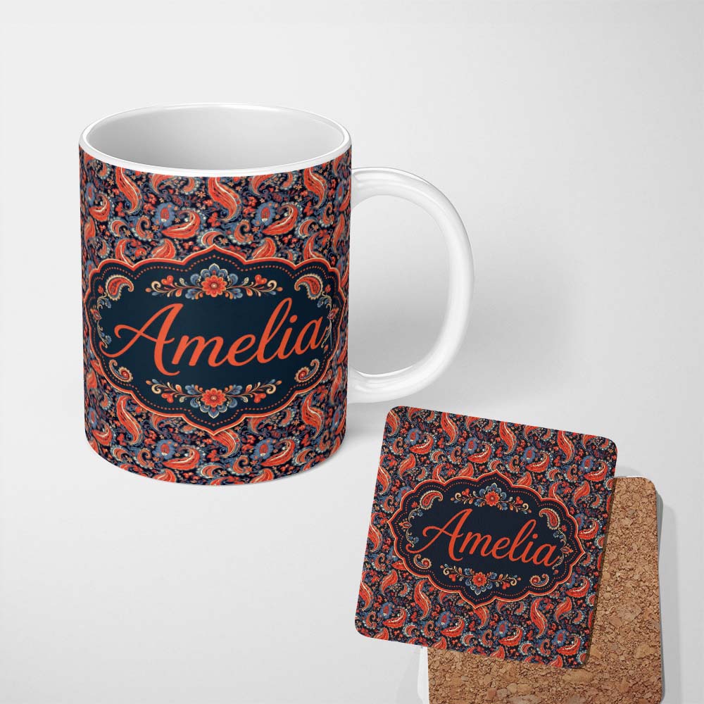Personalized Custom Name Classic Paisley Floral Pattern with Red and Blue Tones Seamless 11oz Ceramic Coffee Tea Mug White Large Handle