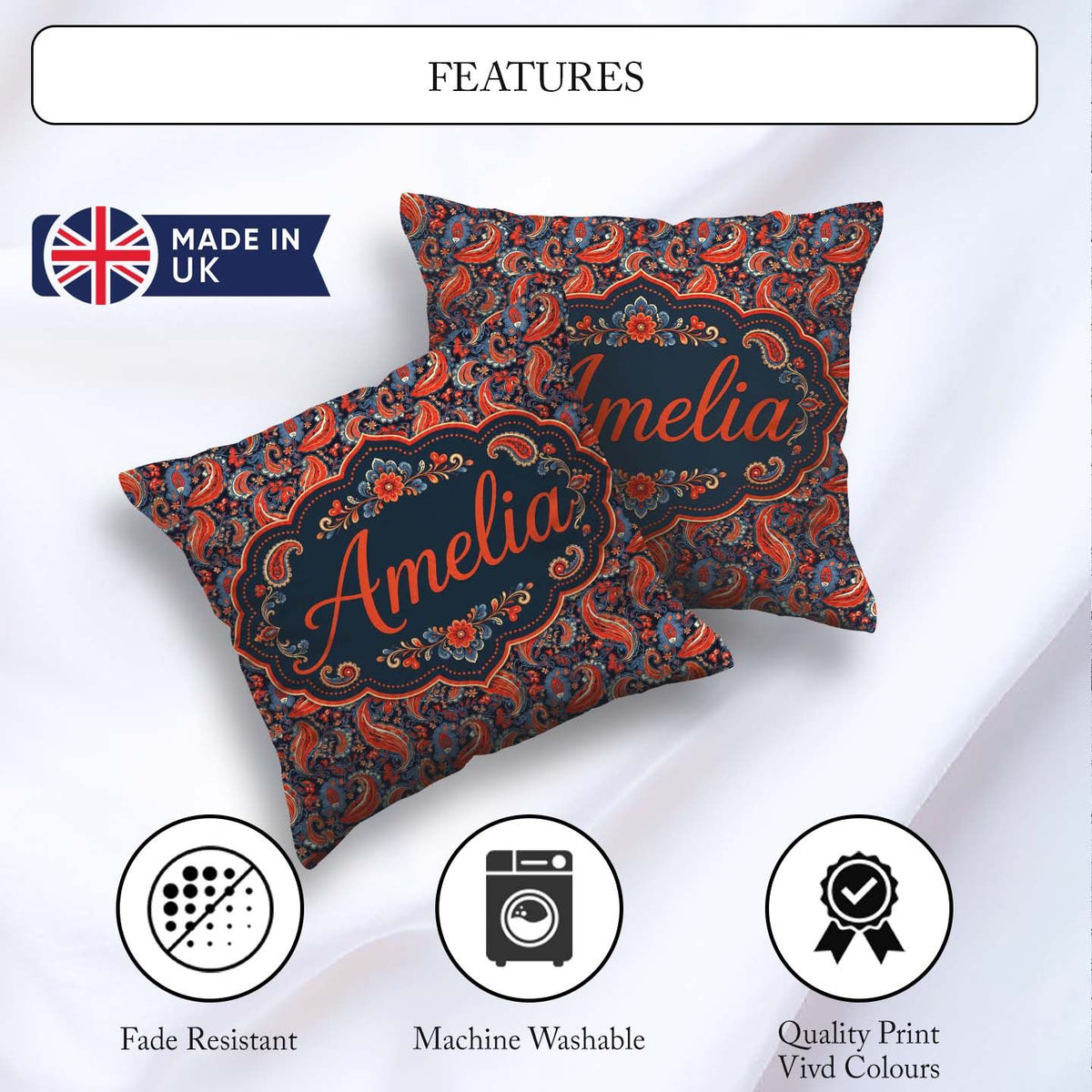 Custom Name Classic Paisley Floral Pattern with Red and Seamless Square Filled Cushion Throw Pillow Sofa Bed Home Decor Zip Washable UK Made