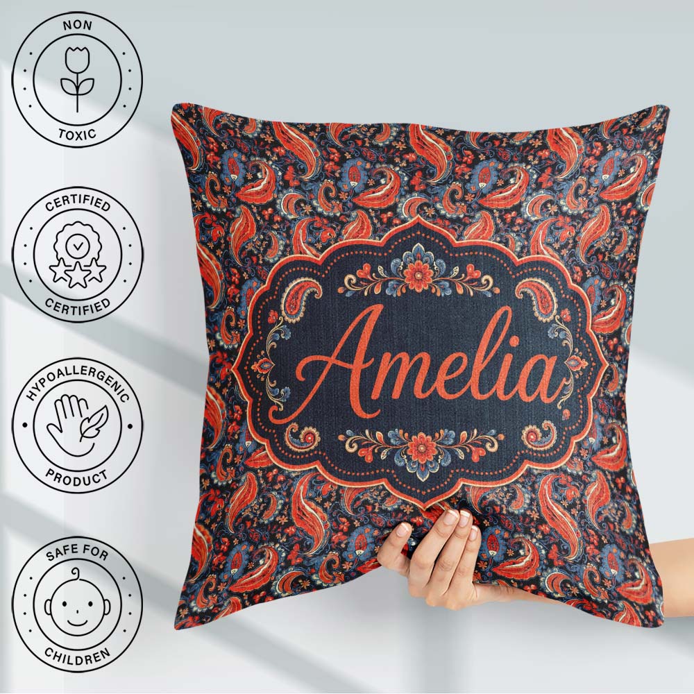 Custom Name Classic Paisley Floral Pattern with Red and Seamless Square Filled Cushion Throw Pillow Sofa Bed Home Decor Zip Washable UK Made