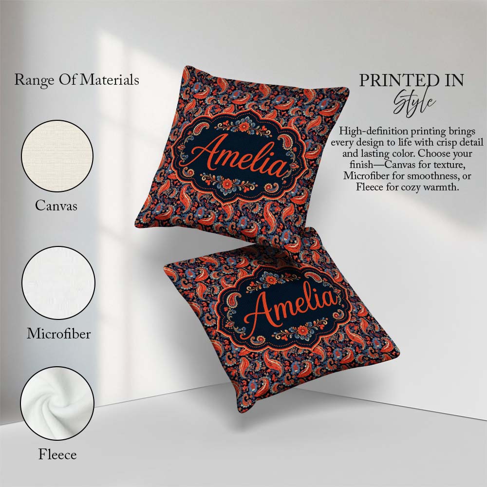 Custom Name Classic Paisley Floral Pattern with Red and Seamless Square Filled Cushion Throw Pillow Sofa Bed Home Decor Zip Washable UK Made