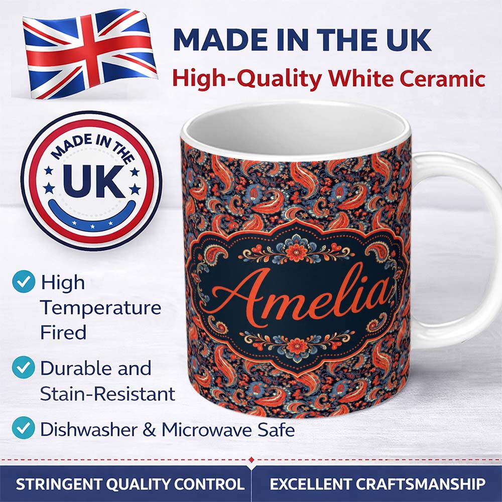 Personalized Custom Name Classic Paisley Floral Pattern with Red and Blue Tones Seamless 11oz Ceramic Coffee Tea Mug White Large Handle