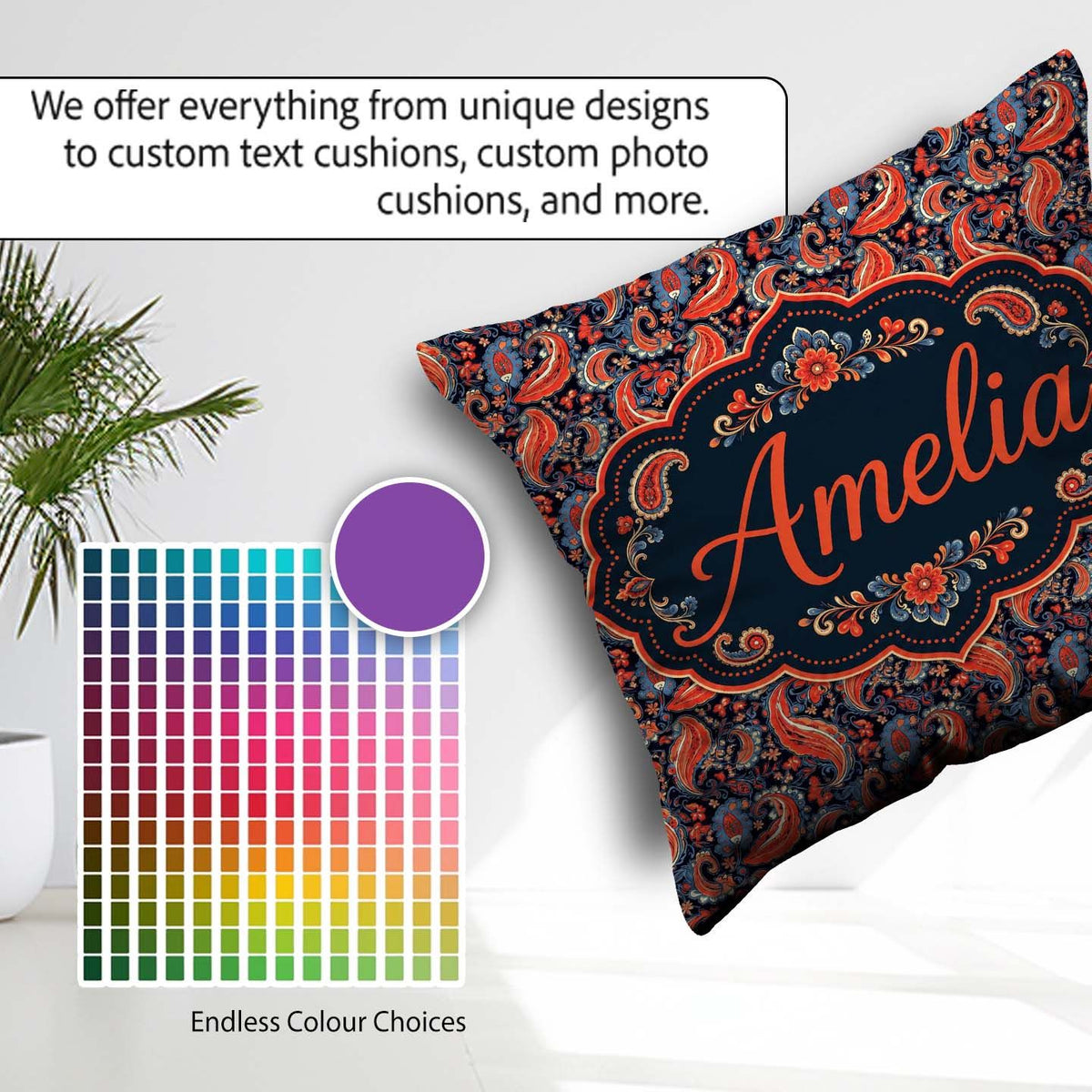 Custom Name Classic Paisley Floral Pattern with Red and Seamless Square Filled Cushion Throw Pillow Sofa Bed Home Decor Zip Washable UK Made